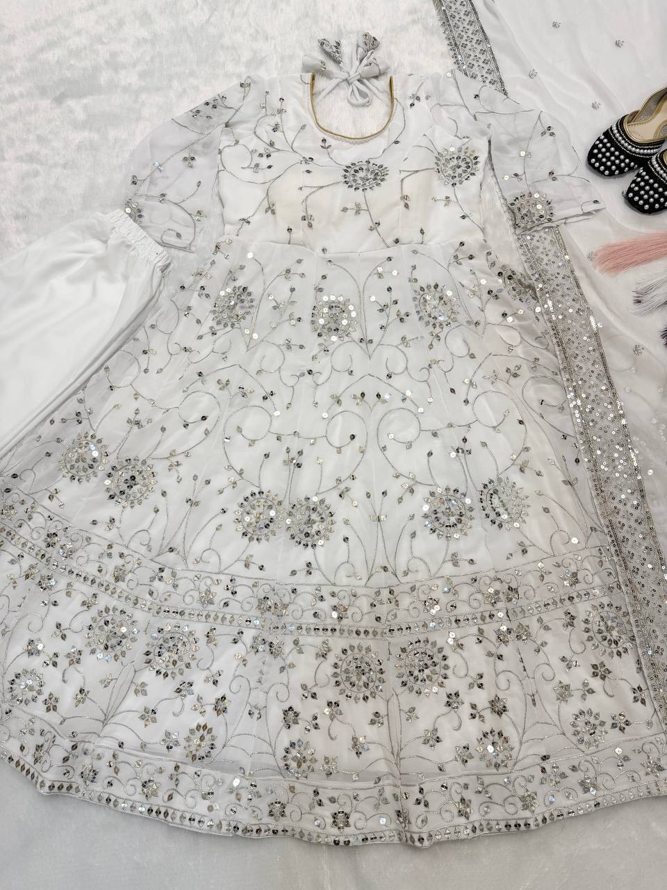 Pristine Ivory Mirror-Work Anarkali